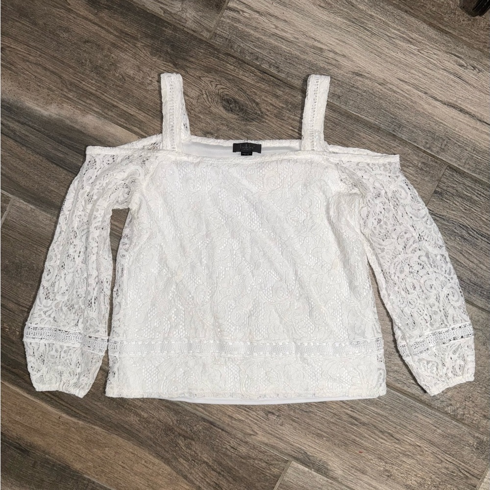 Feminine Lace Fairy Bellini LA Medium White Cottagecore Cold-Shoulder Blouse